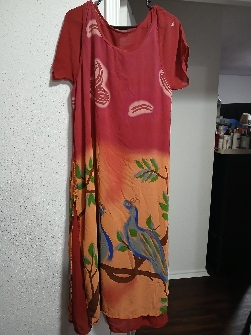 Mlle Gabrielle Pink and Orange Maxi Dress with Blue Bird Motif